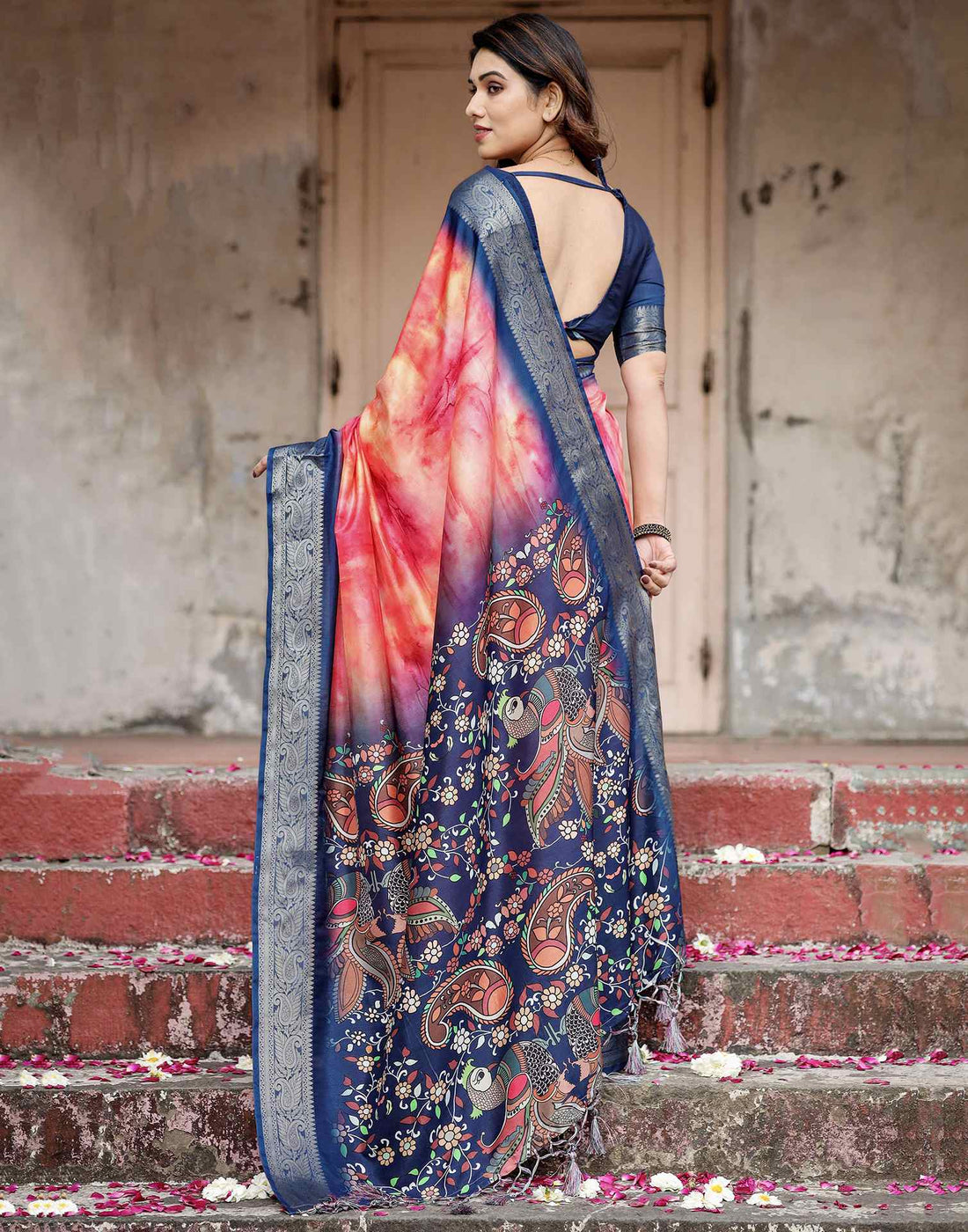 Dark Blue Tussar Silk Printed Kalamkari Saree