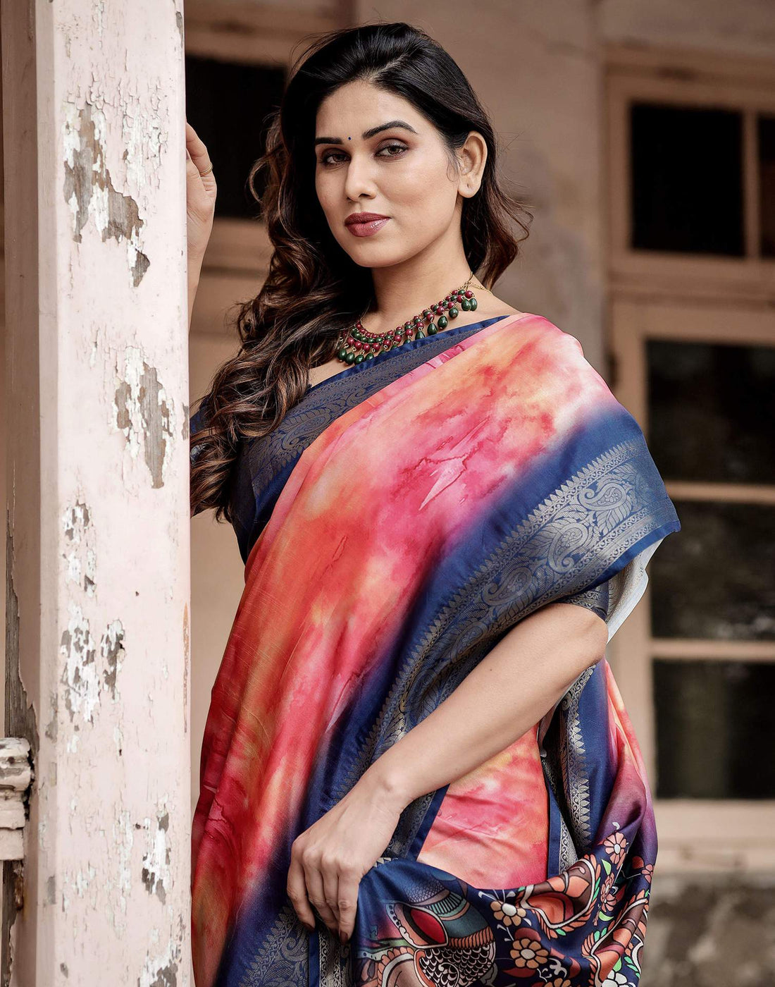 Dark Blue Tussar Silk Printed Kalamkari Saree