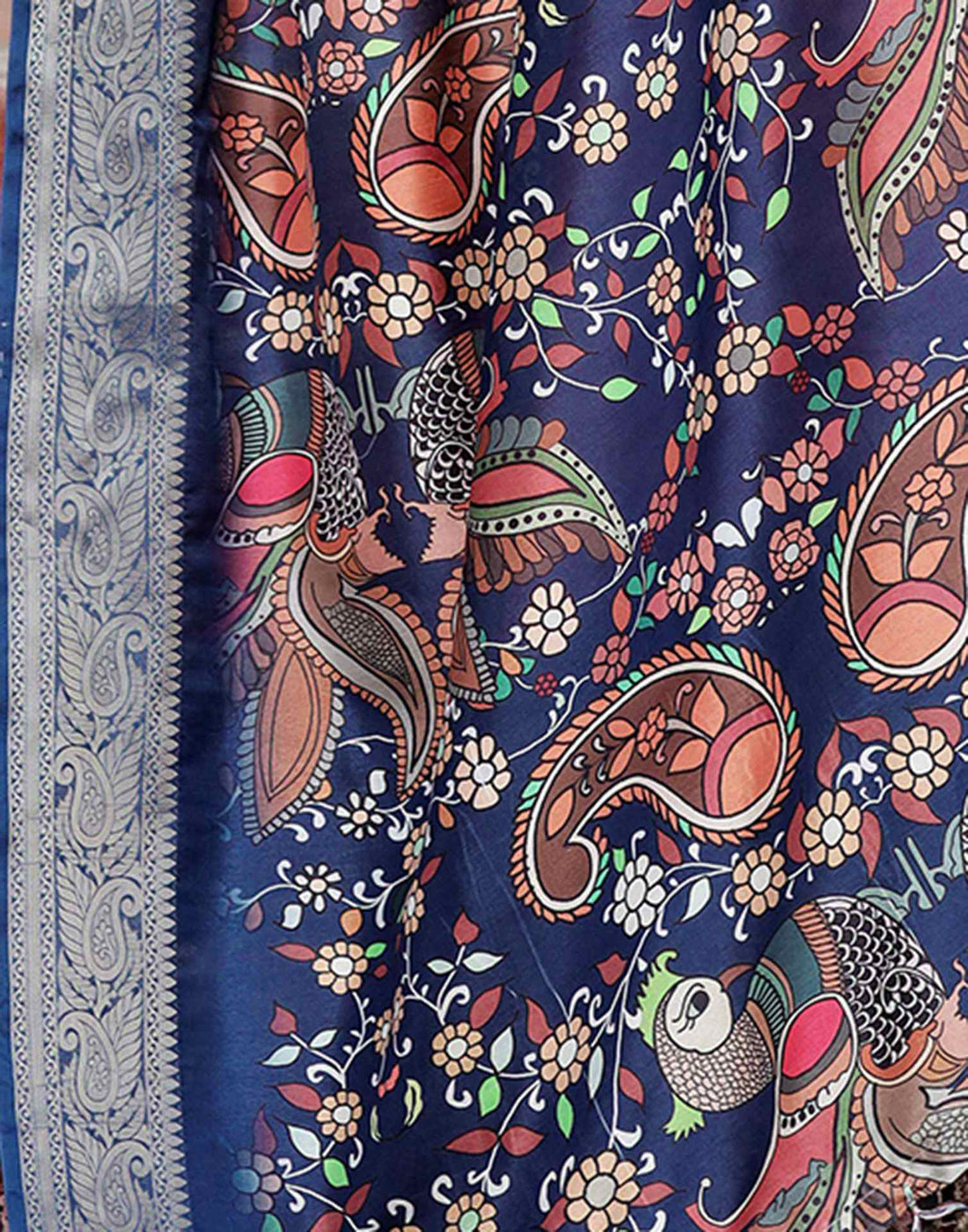 Dark Blue Tussar Silk Printed Kalamkari Saree