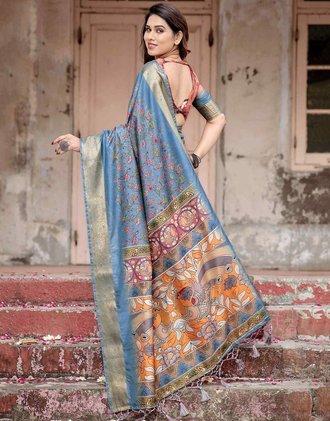 Dusty Blue Tussar Silk Printed Kalamkari Saree