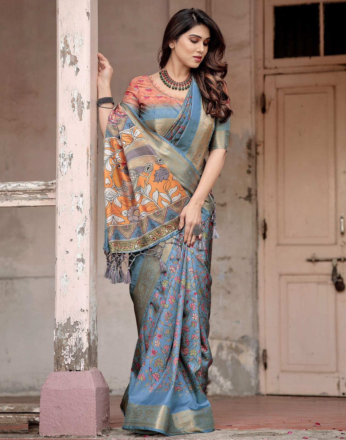 Dusty Blue Tussar Silk Printed Kalamkari Saree