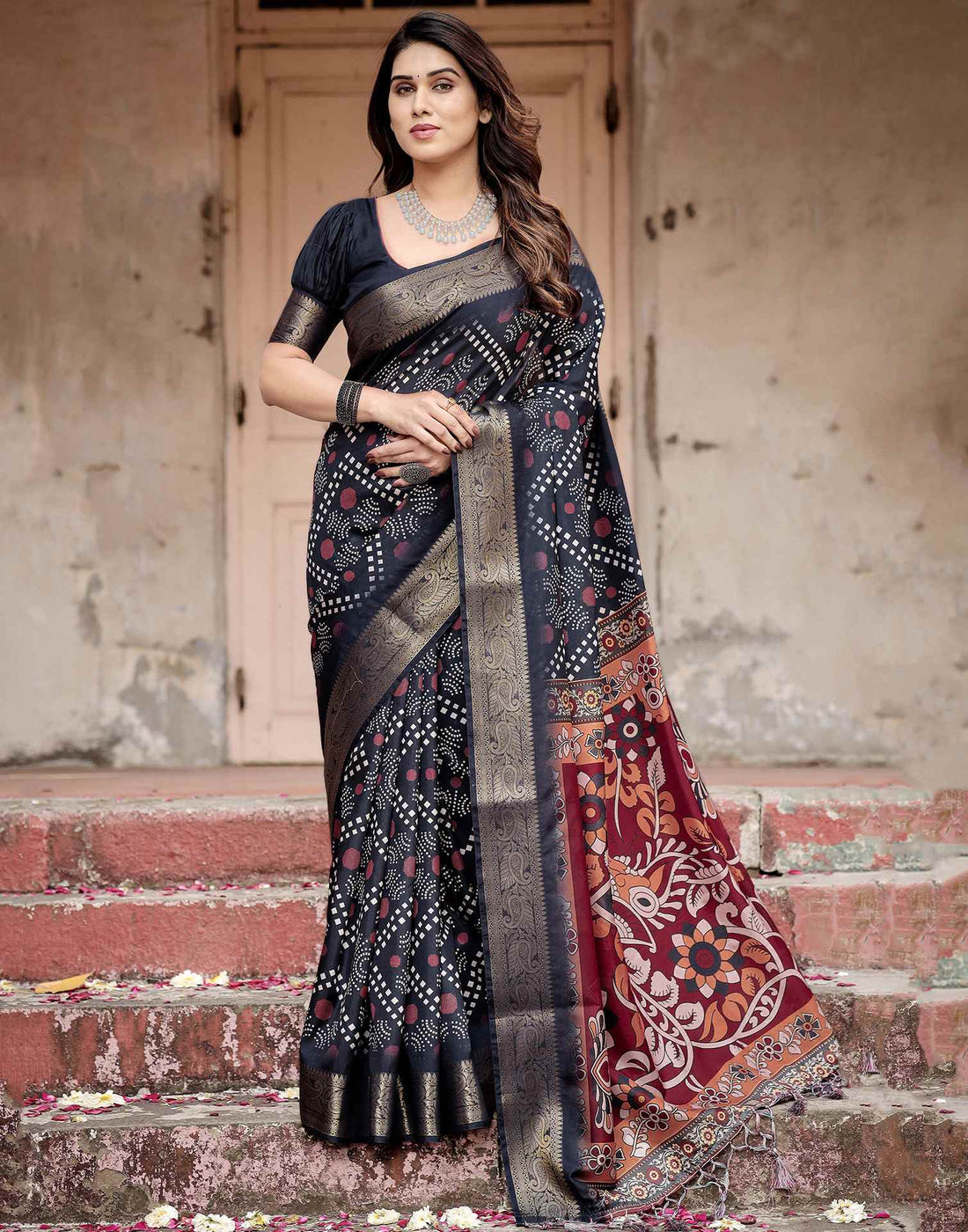 Navy Blue Tussar Silk Printed Kalamkari Saree