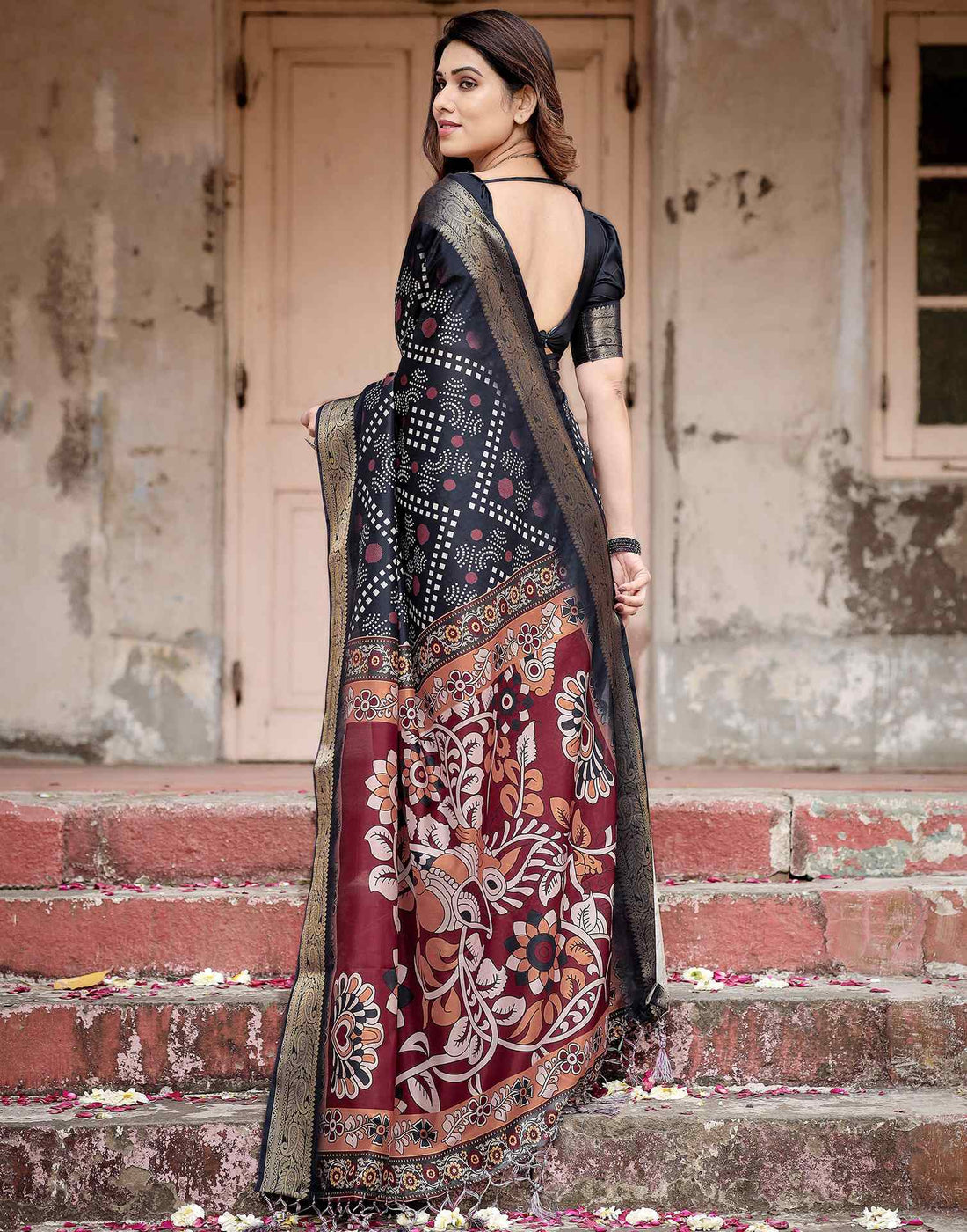 Navy Blue Tussar Silk Printed Kalamkari Saree