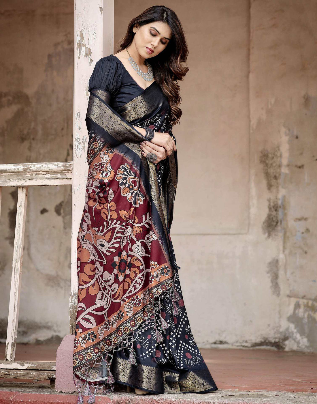 Navy Blue Tussar Silk Printed Kalamkari Saree