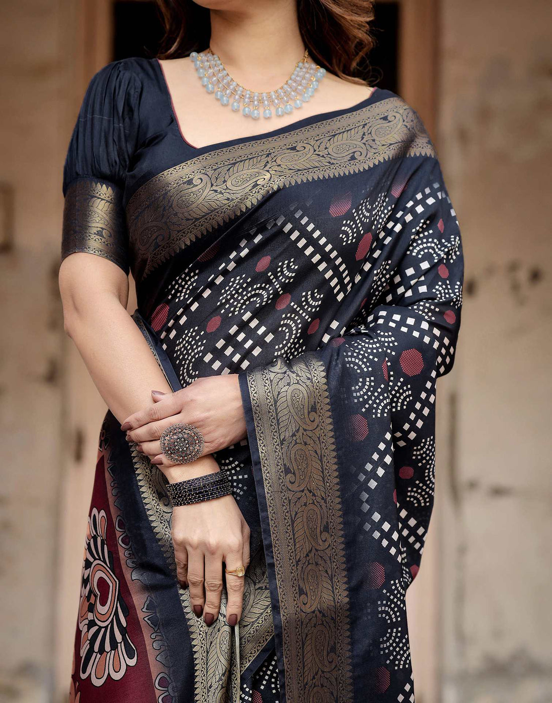 Navy Blue Tussar Silk Printed Kalamkari Saree
