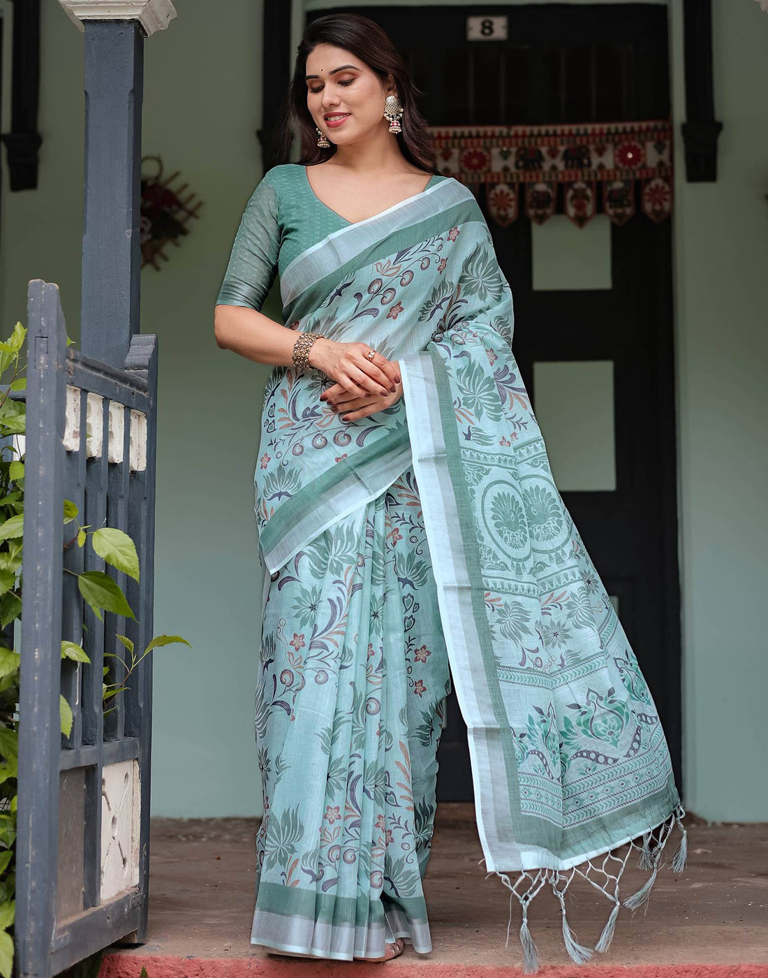 Light Blue Linen Printed Saree