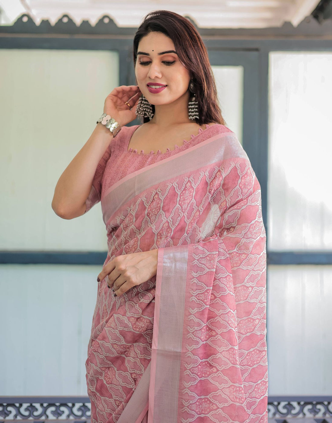 Light Dusty Pink Linen Printed Saree