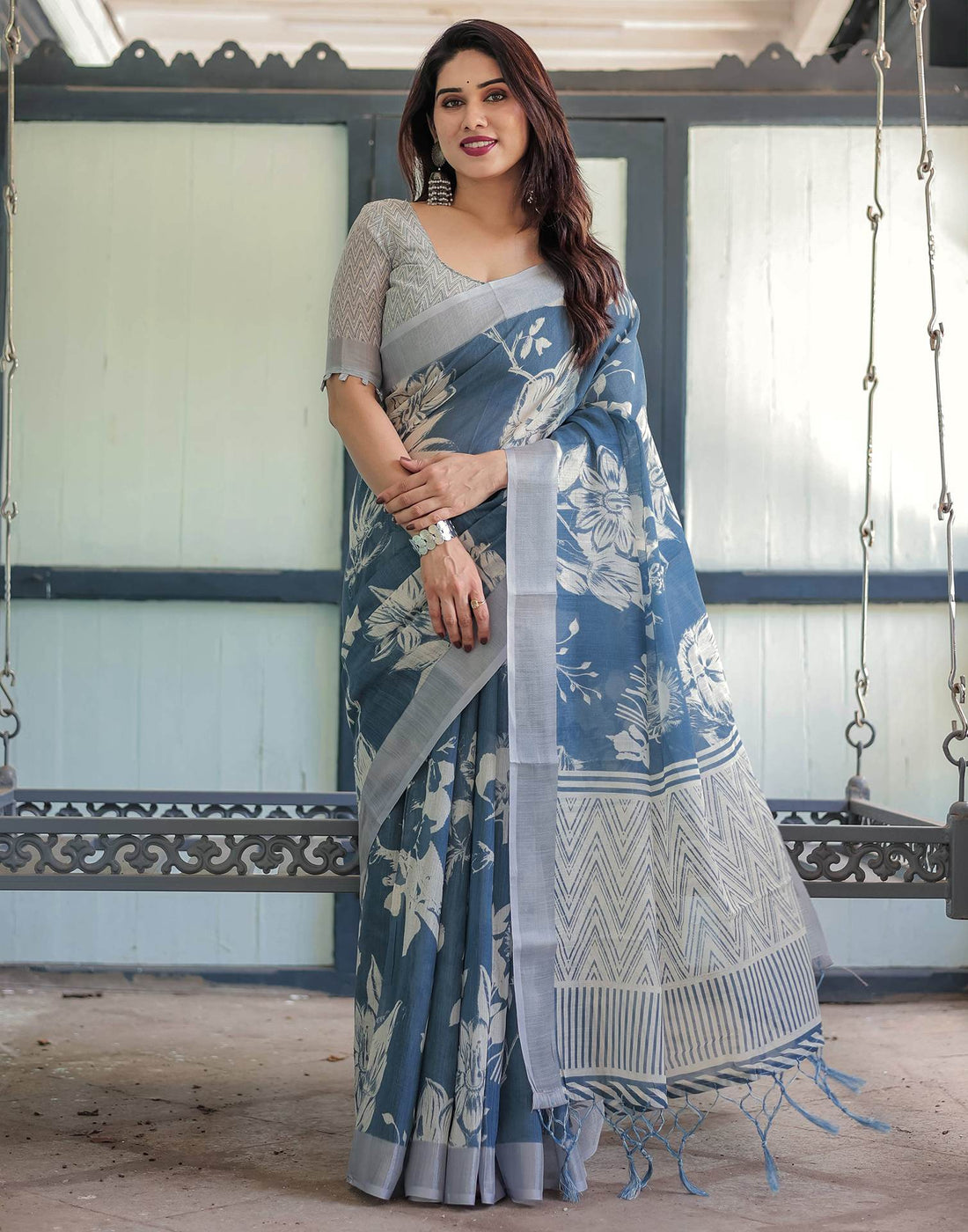 Dark Dusty Blue Linen Printed Saree