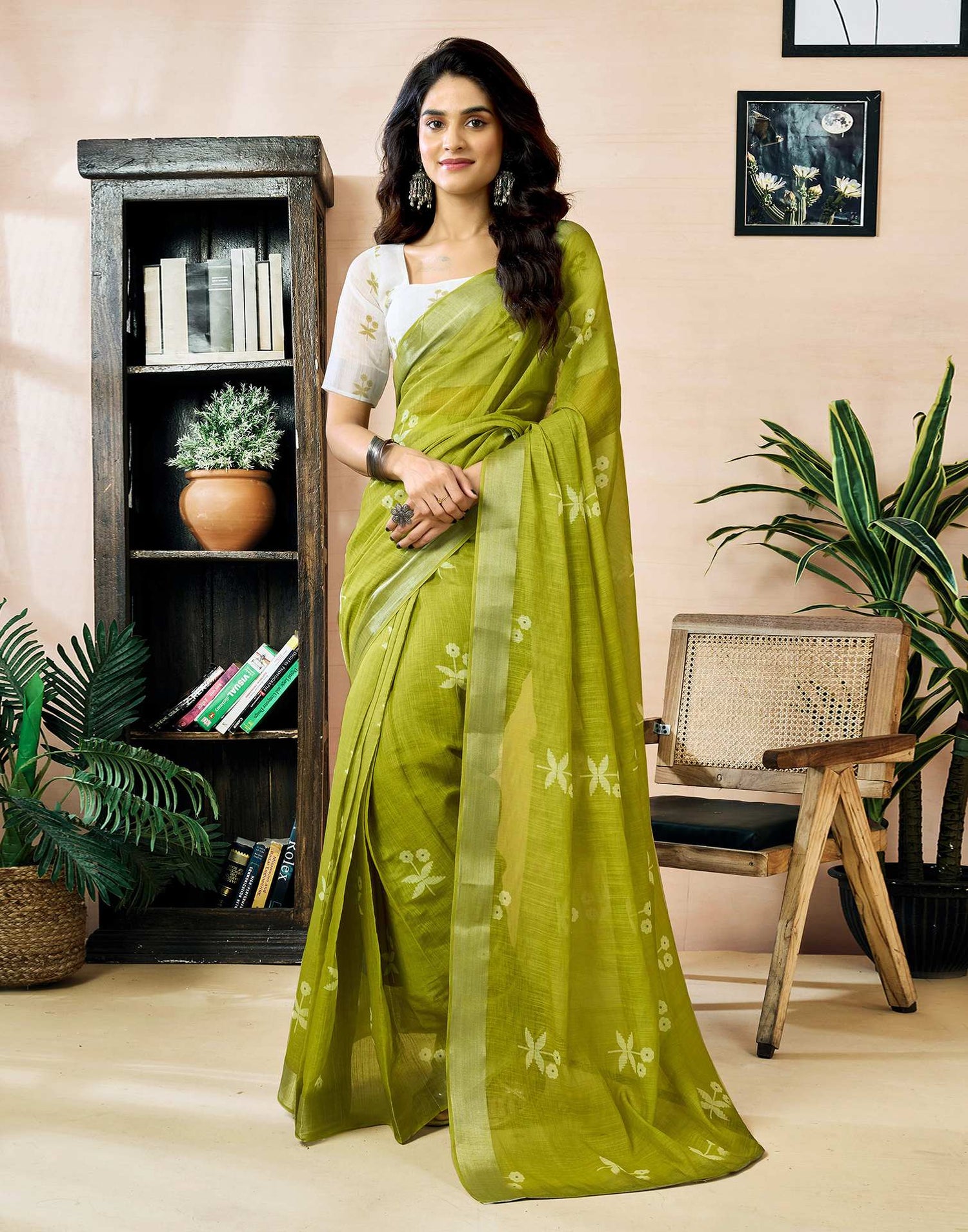 Ready to Wear Olive Green Linen Zari Printed Saree