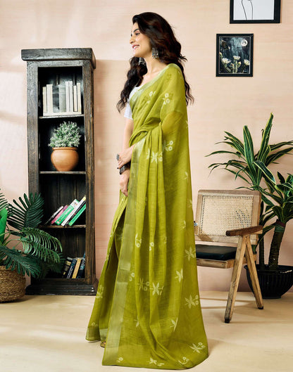Ready to Wear Olive Green Linen Zari Printed Saree