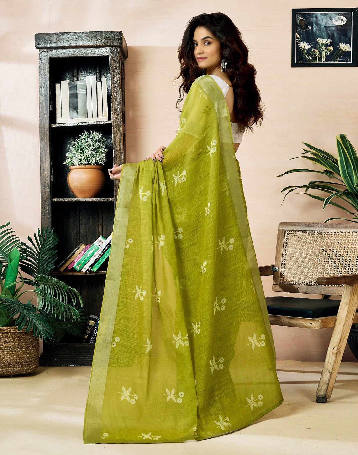 Ready to Wear Olive Green Linen Zari Printed Saree