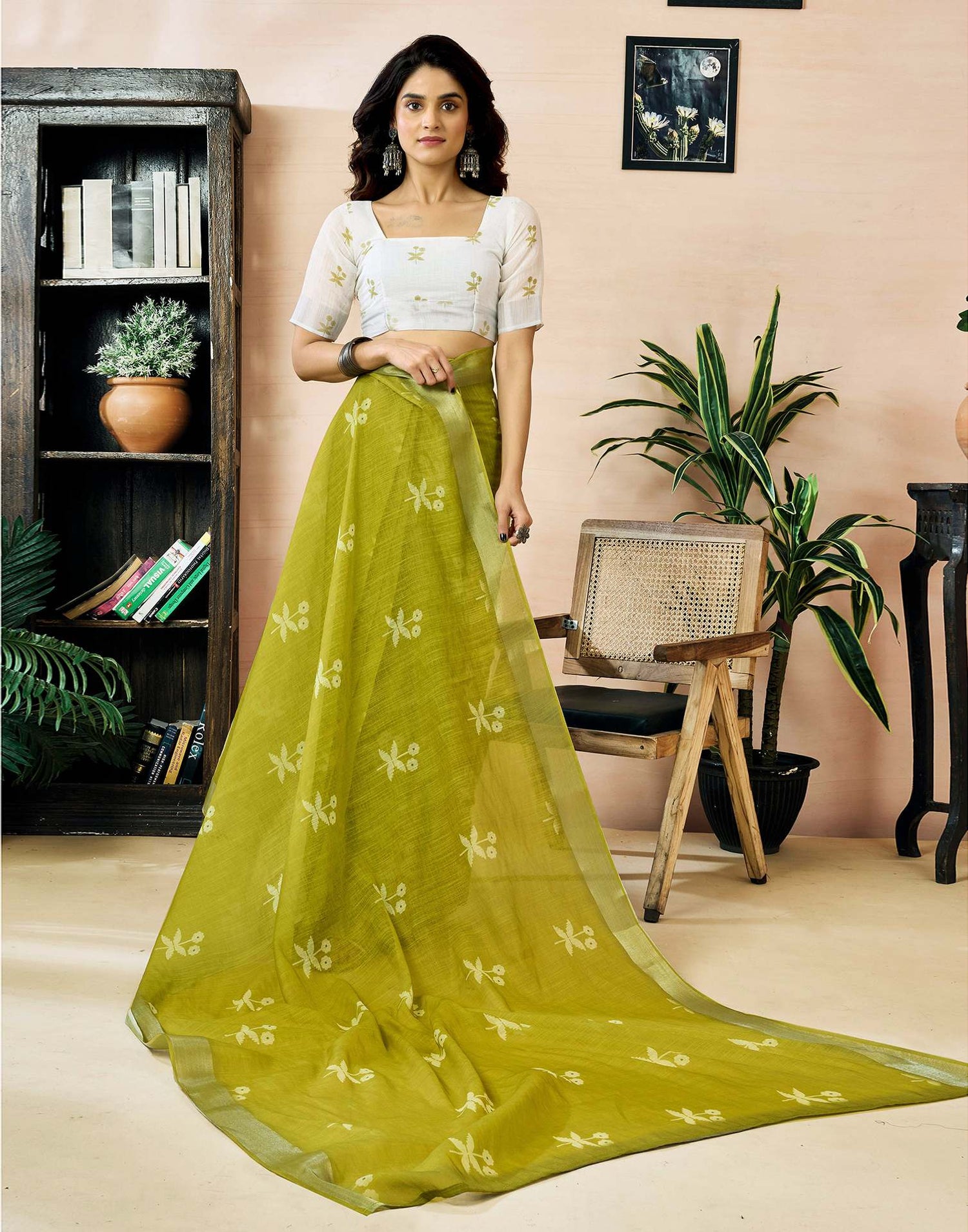 Ready to Wear Olive Green Linen Zari Printed Saree
