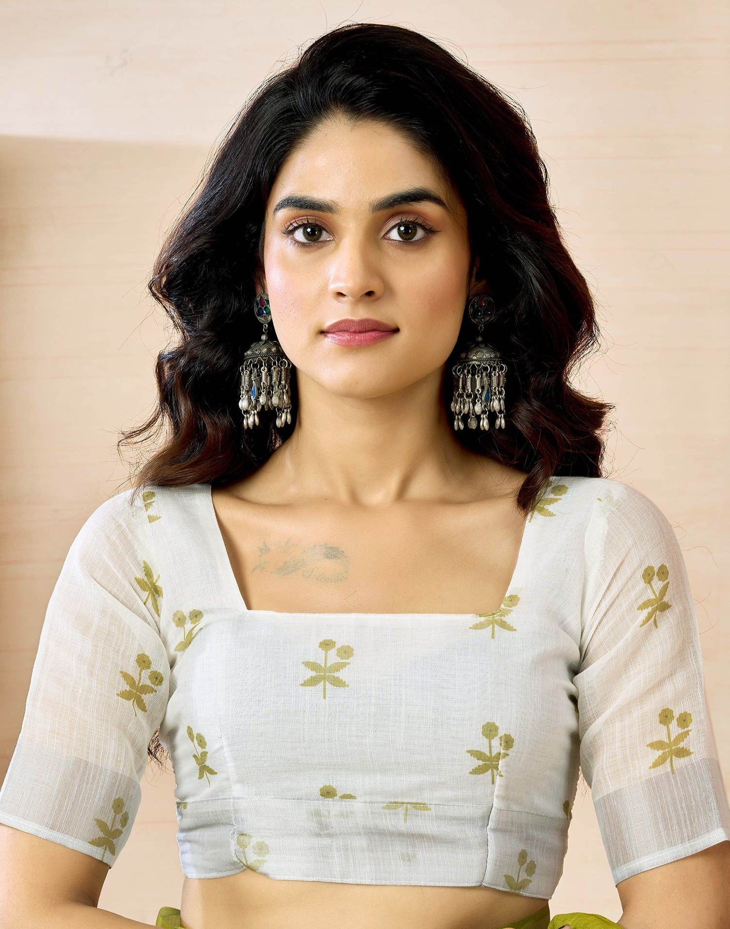 Ready to Wear Olive Green Linen Zari Printed Saree