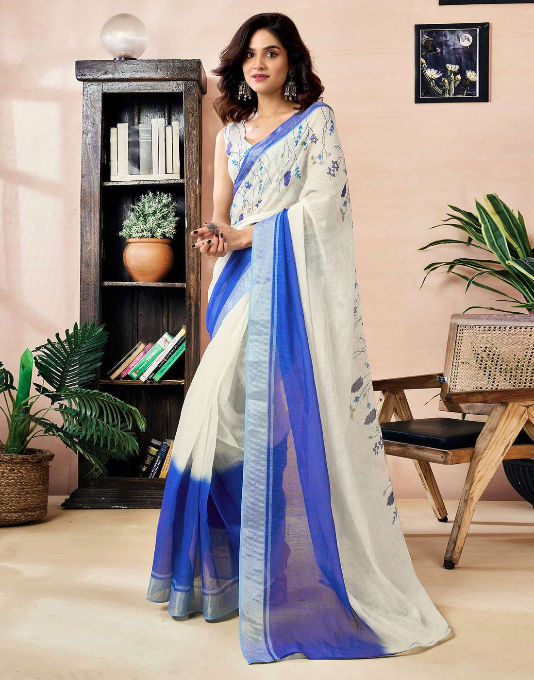Ready to Wear White Linen Zari Floral Printed Saree