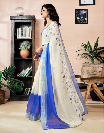 Ready to Wear White Linen Zari Floral Printed Saree