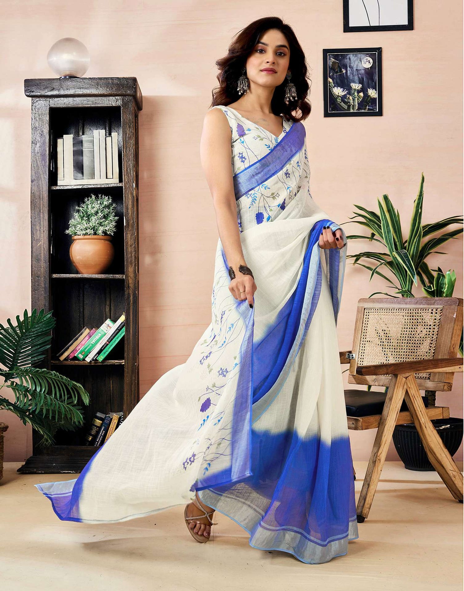 Ready to Wear White Linen Zari Floral Printed Saree