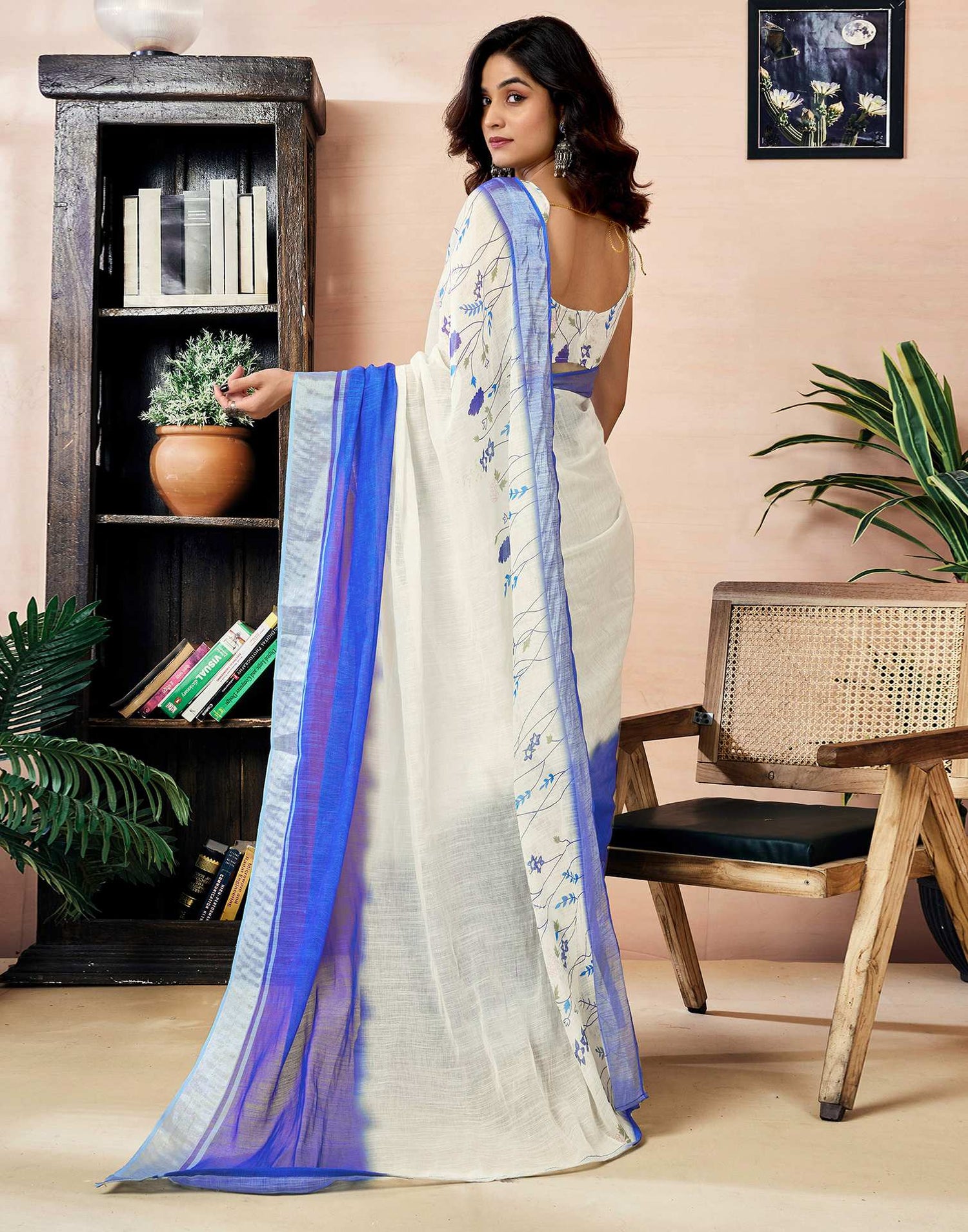 Ready to Wear White Linen Zari Floral Printed Saree