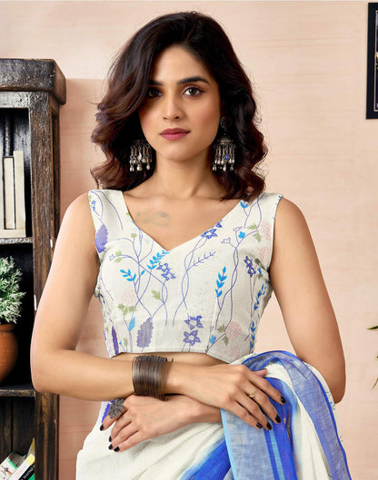 Ready to Wear White Linen Zari Floral Printed Saree