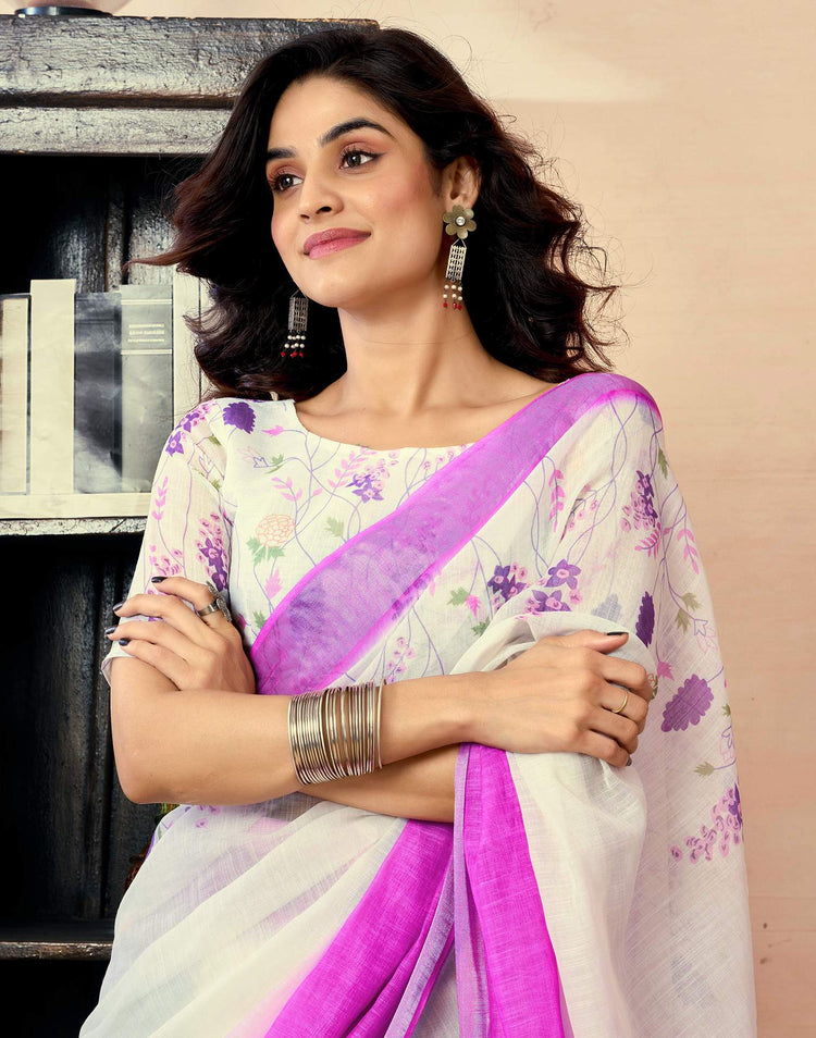 Ready to Wear White Chanderi Floral Printed Saree
