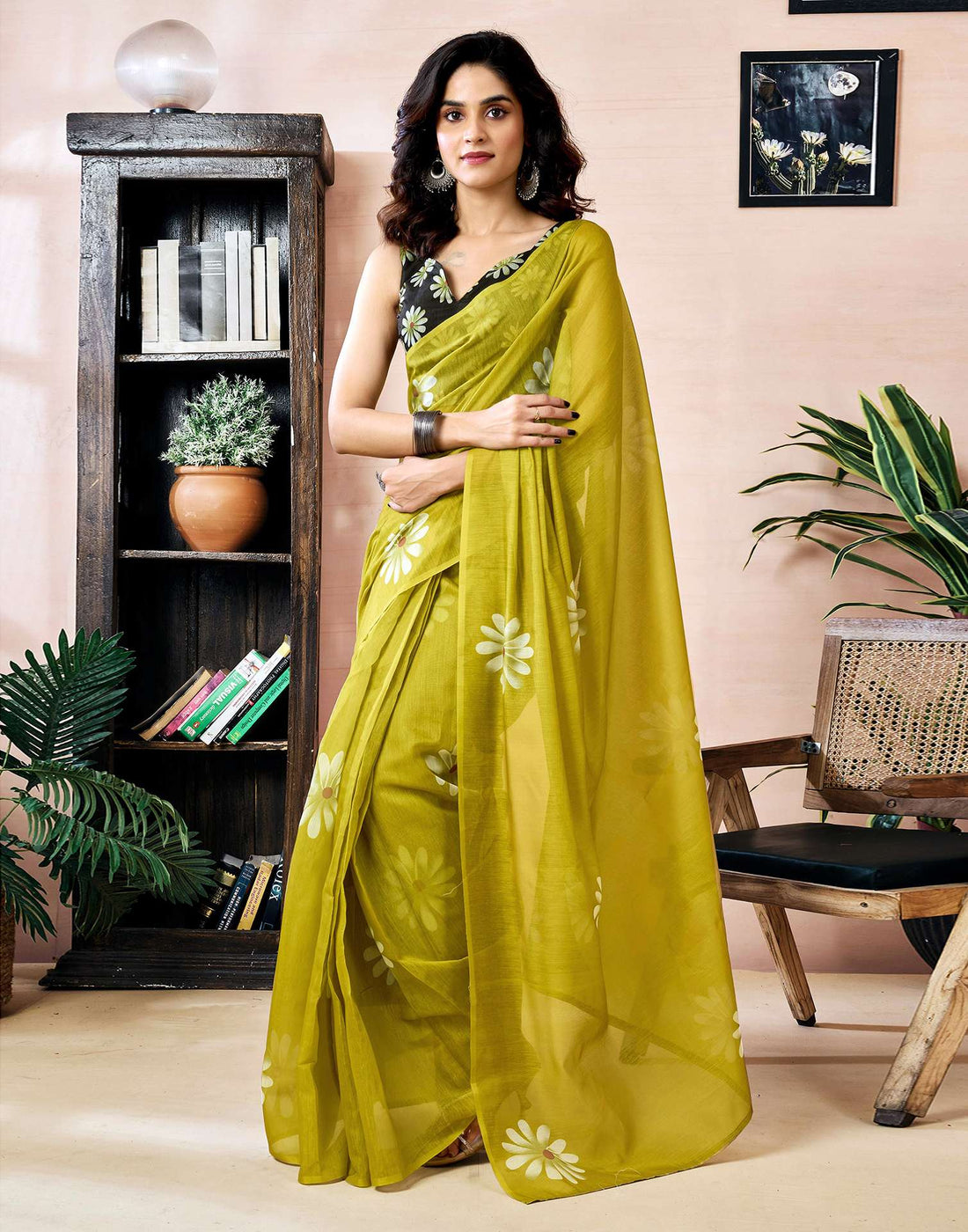 Ready to Wear Olive Green Chanderi Floral Printed Saree