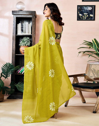 Ready to Wear Olive Green Chanderi Floral Printed Saree