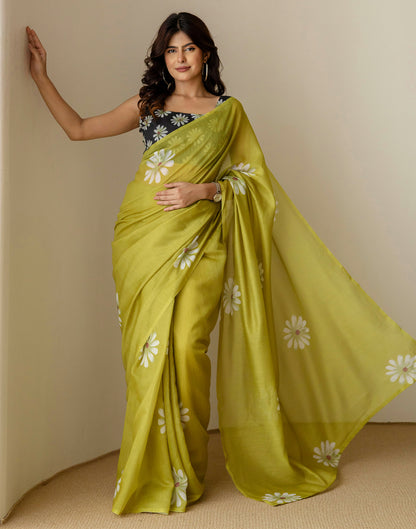 Ready to Wear Olive Green Chanderi Floral Printed Saree