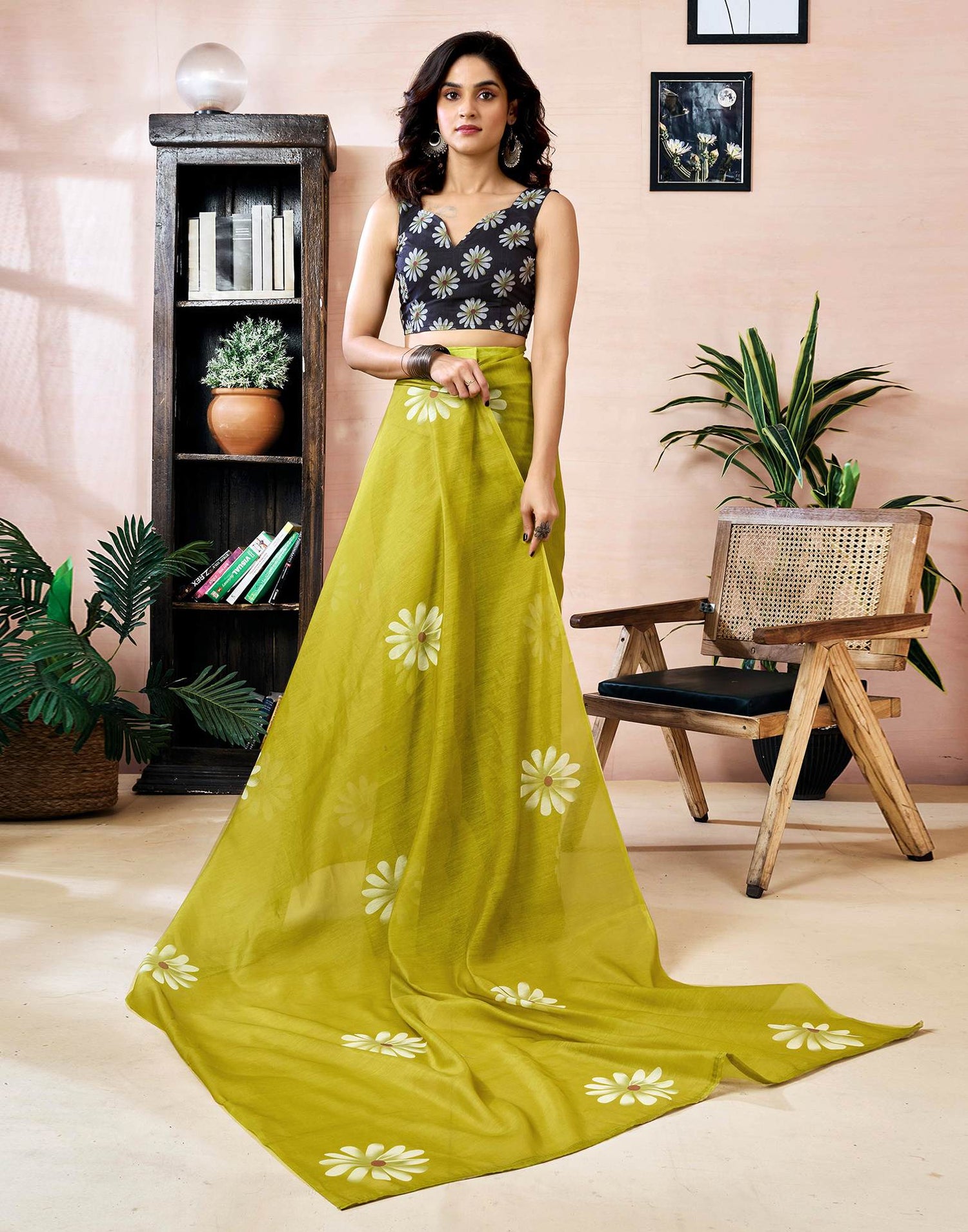 Ready to Wear Olive Green Chanderi Floral Printed Saree