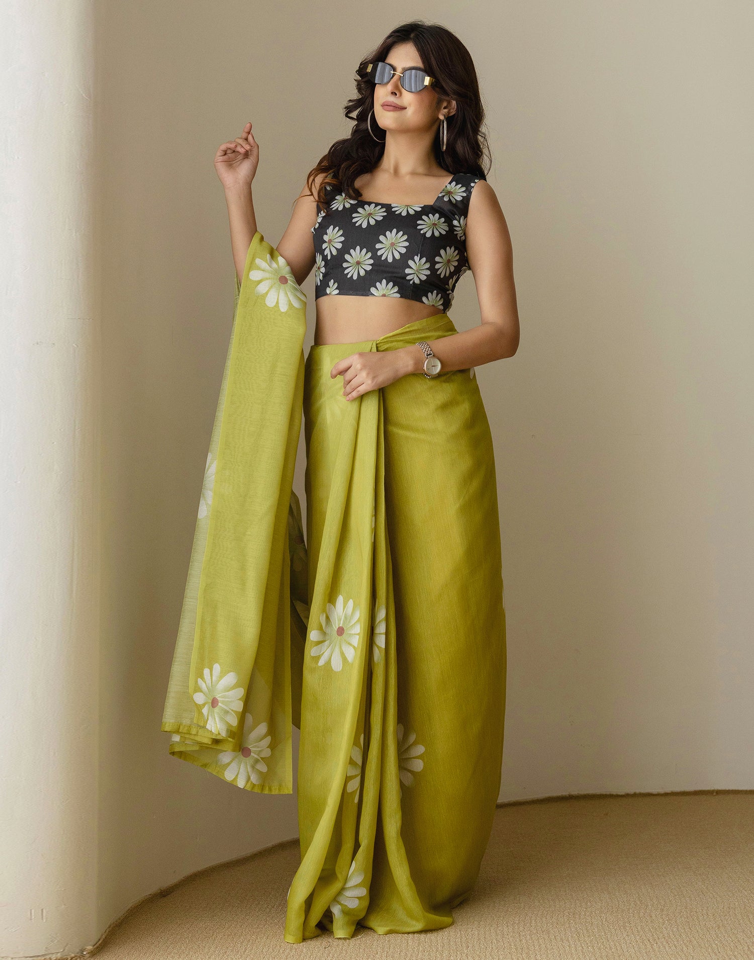 Ready to Wear Olive Green Chanderi Floral Printed Saree