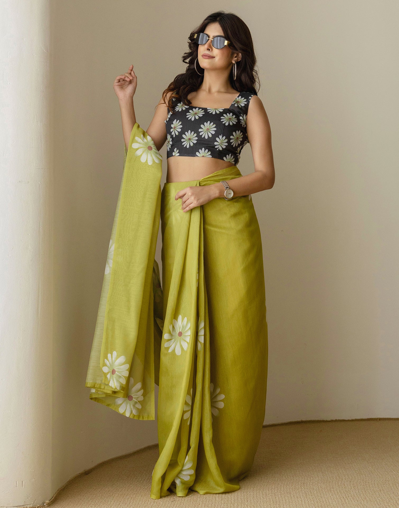 Ready to Wear Olive Green Chanderi Floral Printed Saree