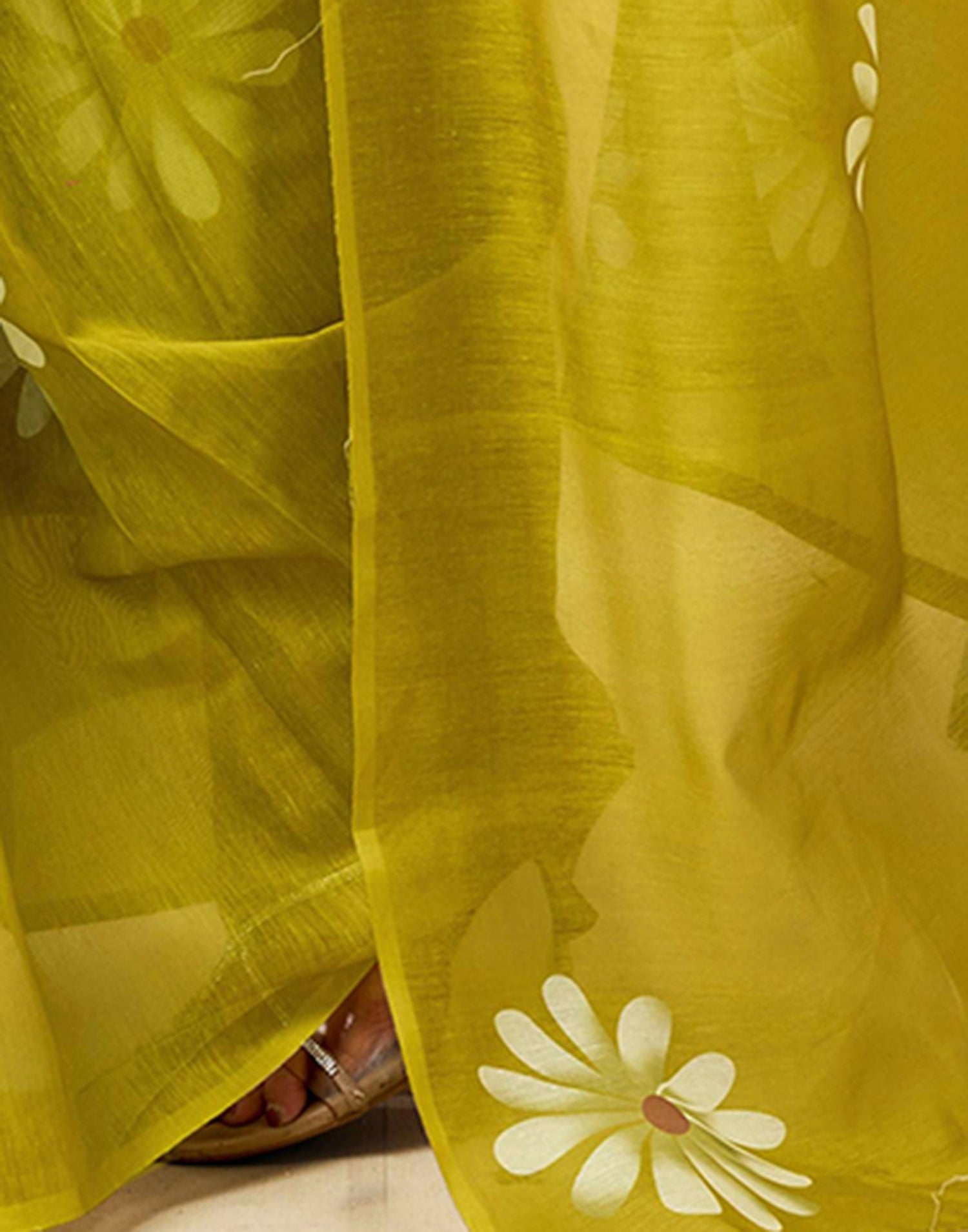 Ready to Wear Olive Green Chanderi Floral Printed Saree