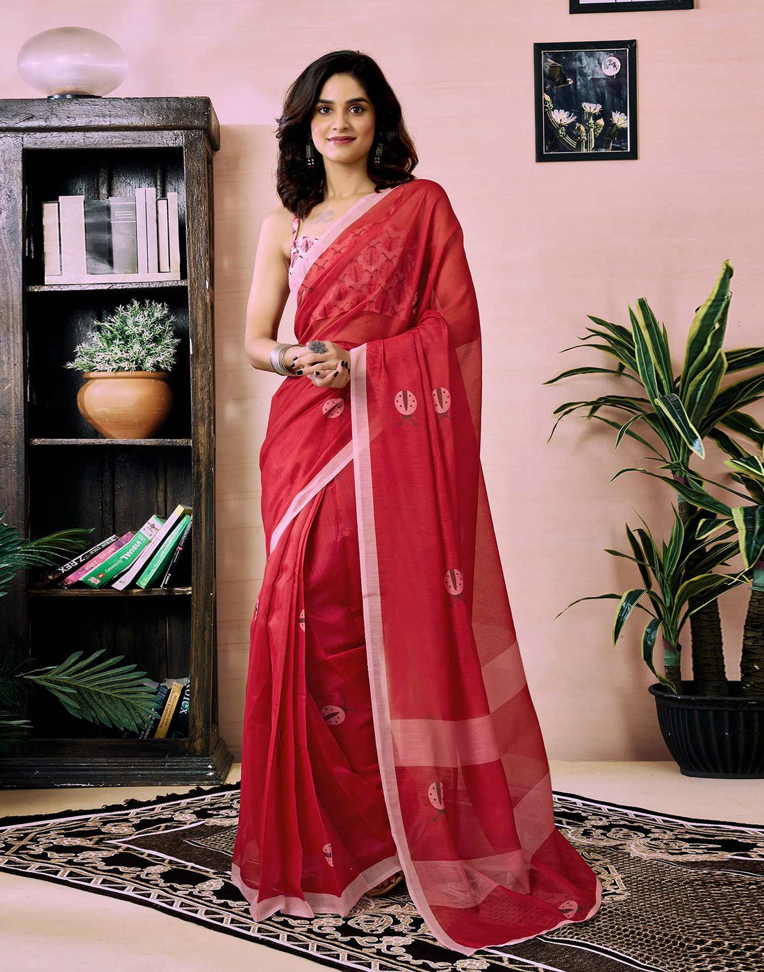 Ready to Wear Red Chanderi Printed Saree