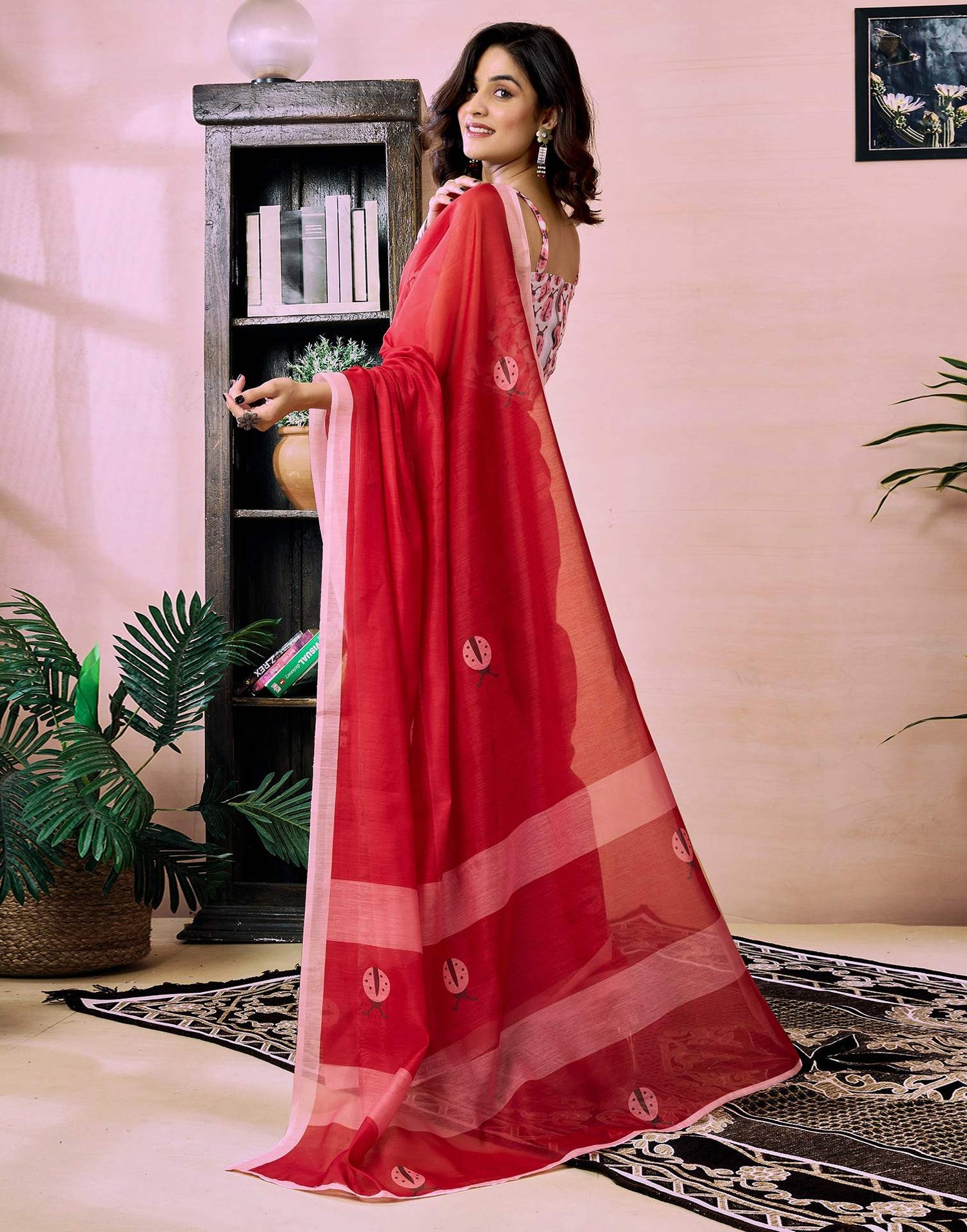 Ready to Wear Red Chanderi Printed Saree