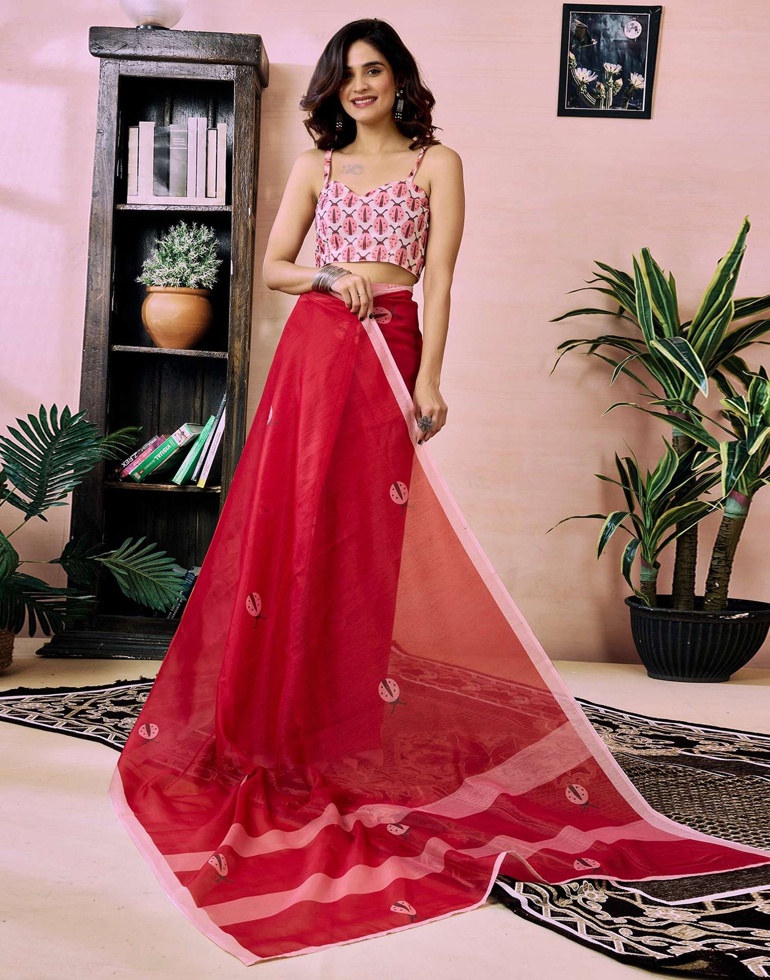 Ready to Wear Red Chanderi Printed Saree
