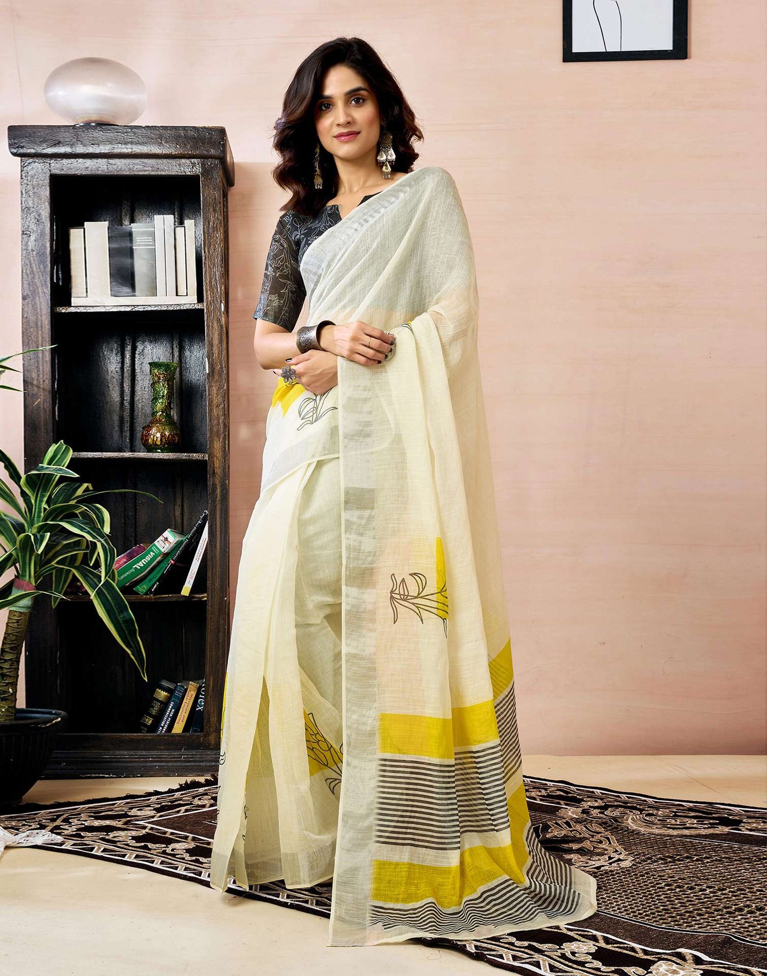 Ready to Wear White Linen Floral Printed Saree