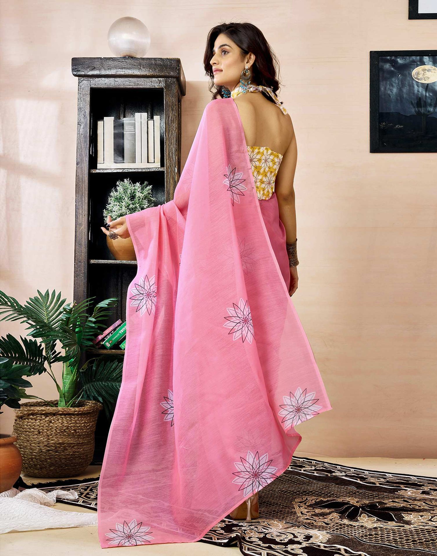 Ready to Wear Pink Chanderi Printed Saree