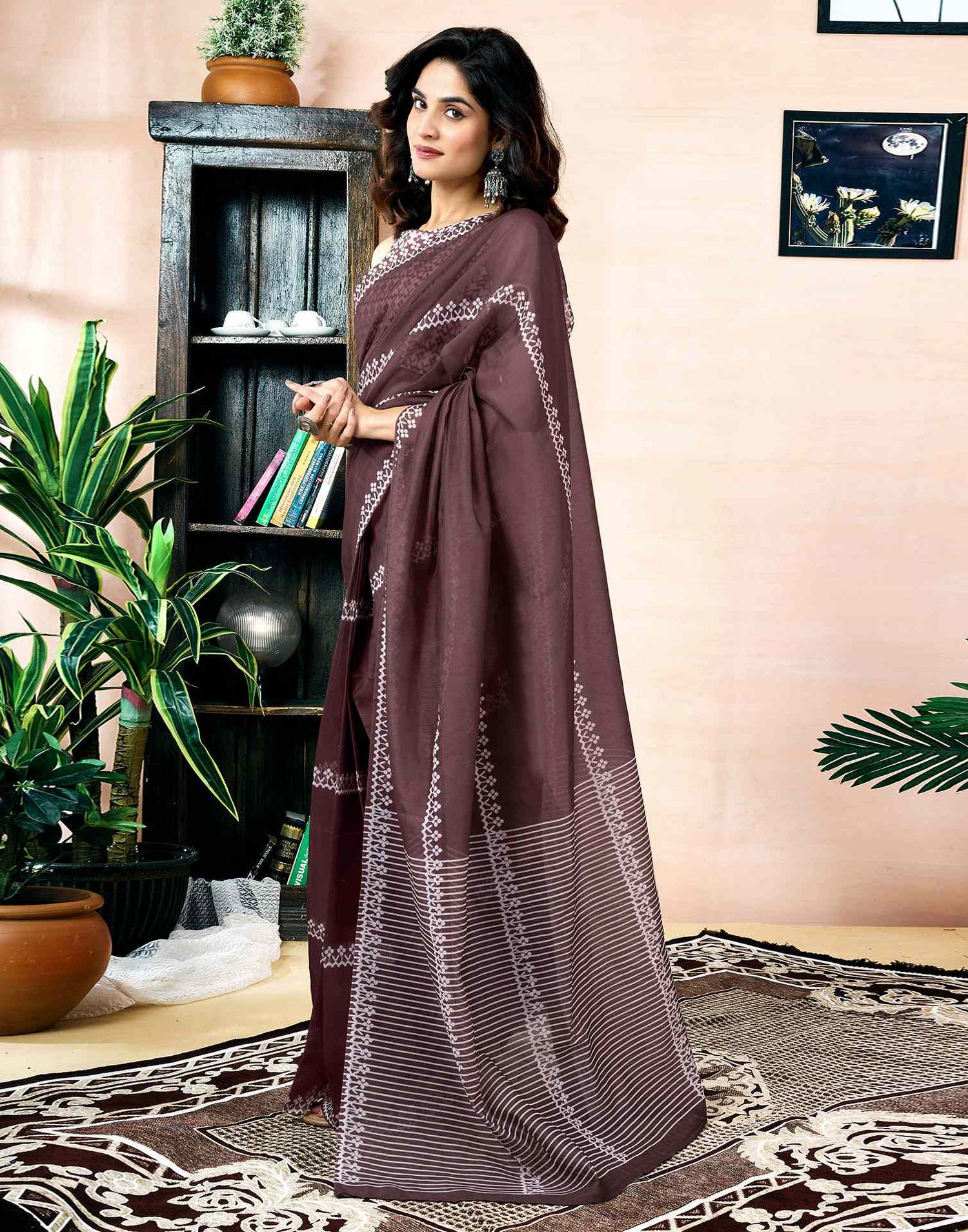 Ready To Wear Dark Brown Chanderi Printed Saree