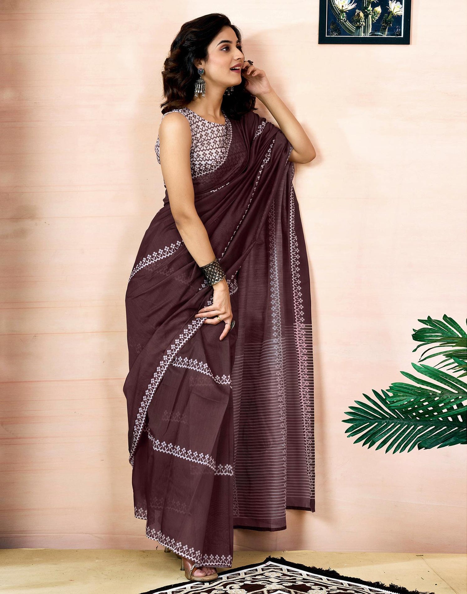 Ready To Wear Dark Brown Chanderi Printed Saree