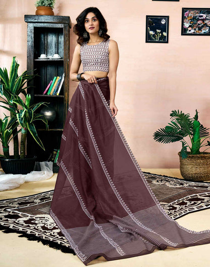 Ready To Wear Dark Brown Chanderi Printed Saree