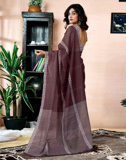 Ready To Wear Dark Brown Chanderi Printed Saree