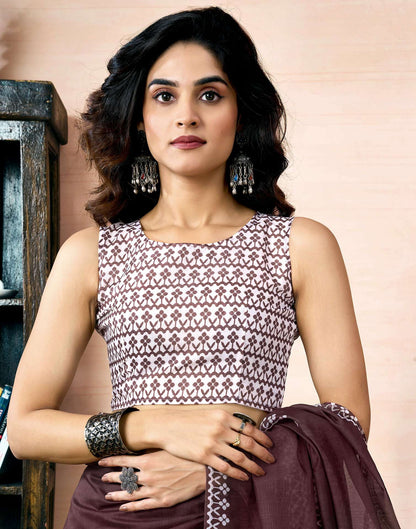 Ready To Wear Dark Brown Chanderi Printed Saree