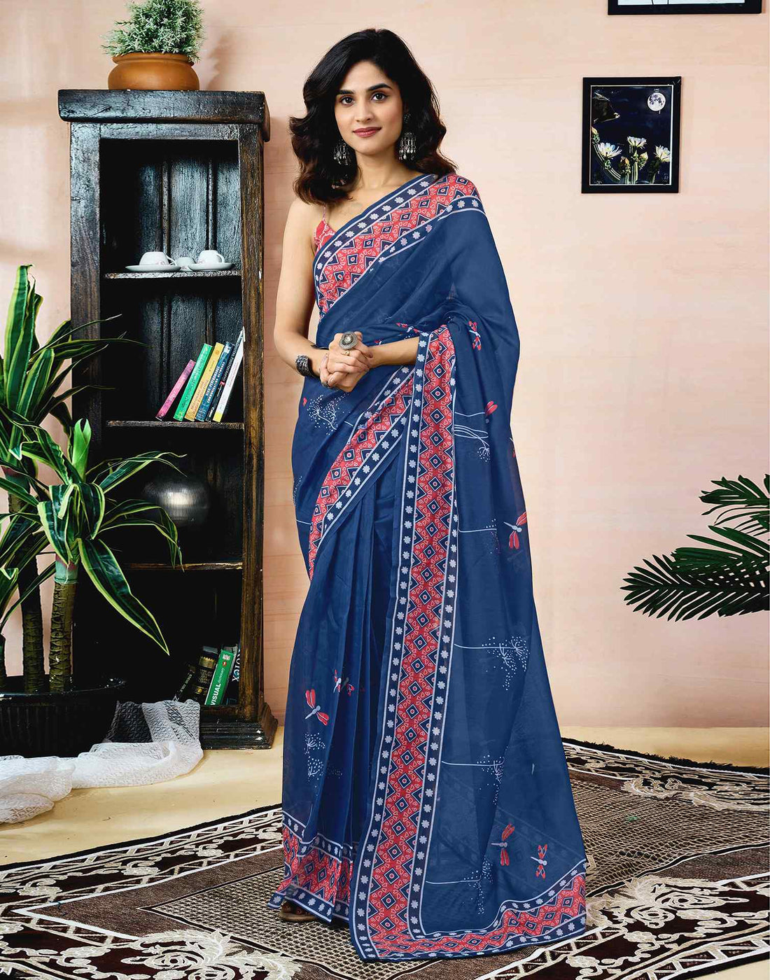 Ready To Wear Navy Blue Chanderi Printed Saree