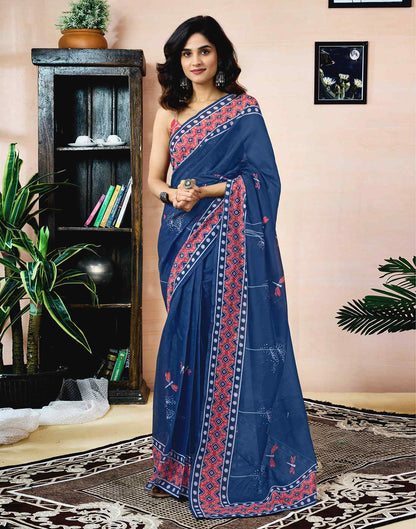 Ready To Wear Navy Blue Chanderi Printed Saree