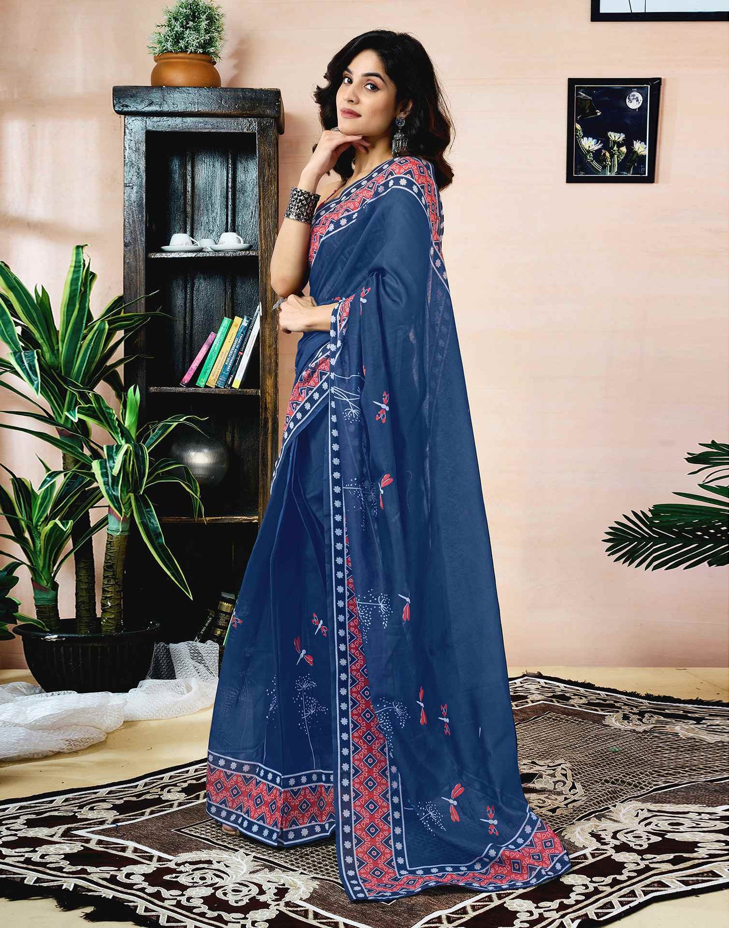 Ready To Wear Navy Blue Chanderi Printed Saree