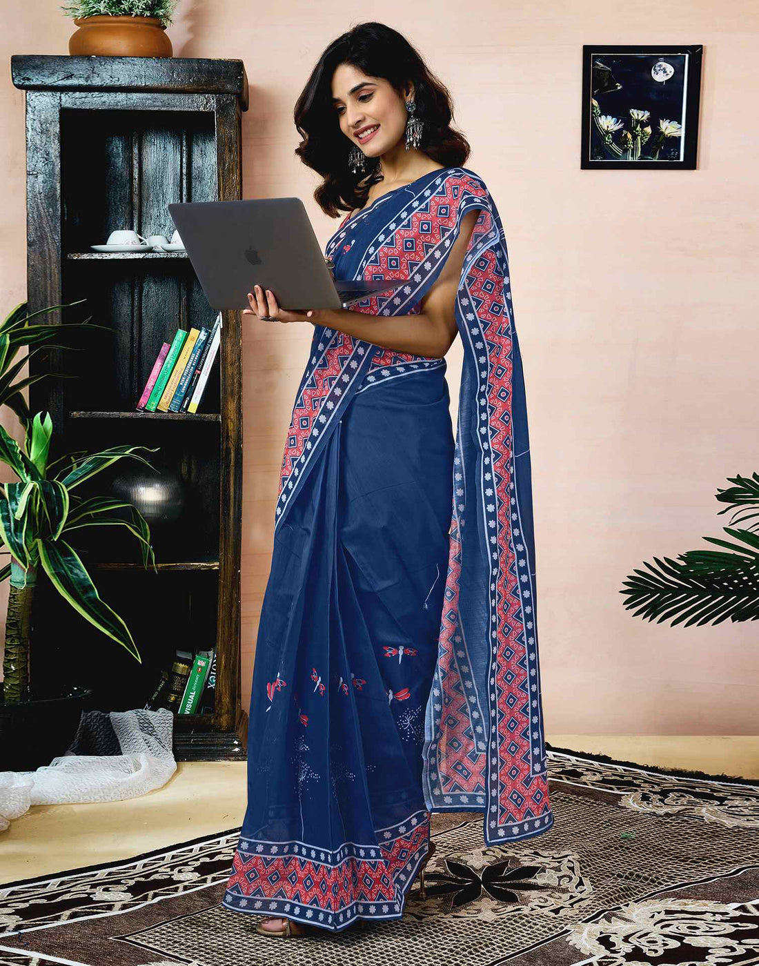 Ready To Wear Navy Blue Chanderi Printed Saree