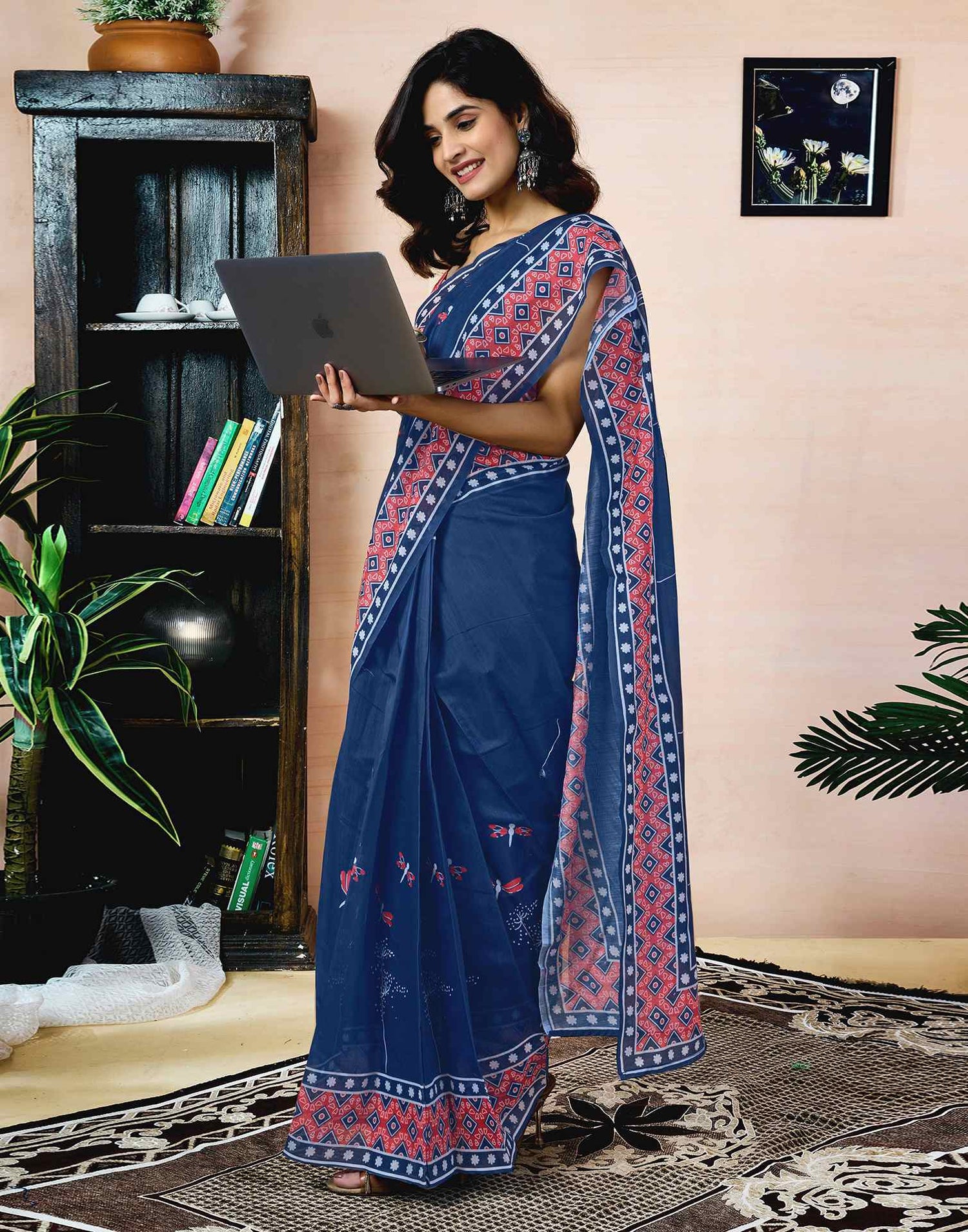 Ready To Wear Navy Blue Chanderi Printed Saree