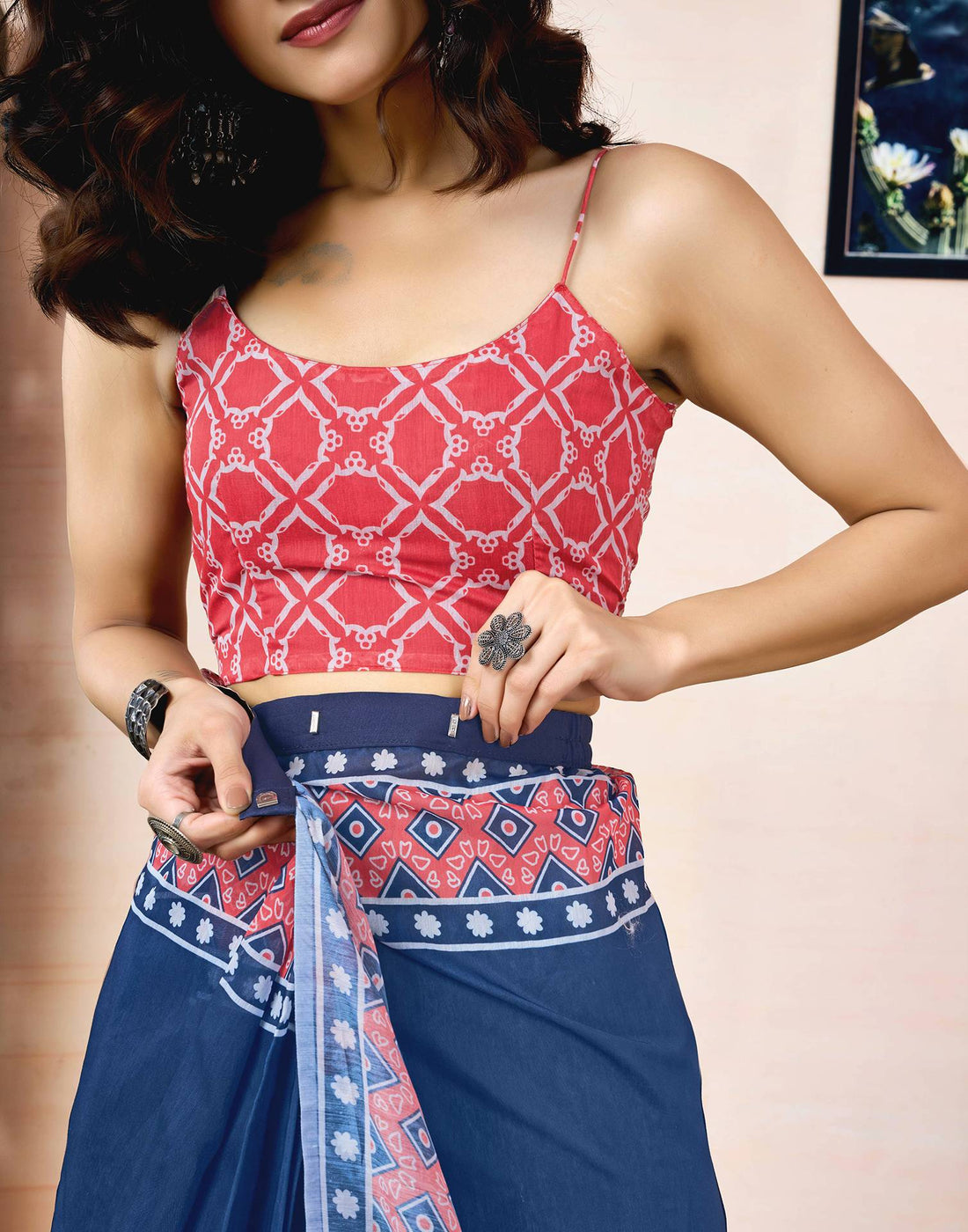 Ready To Wear Navy Blue Chanderi Printed Saree
