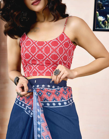 Ready To Wear Navy Blue Chanderi Printed Saree