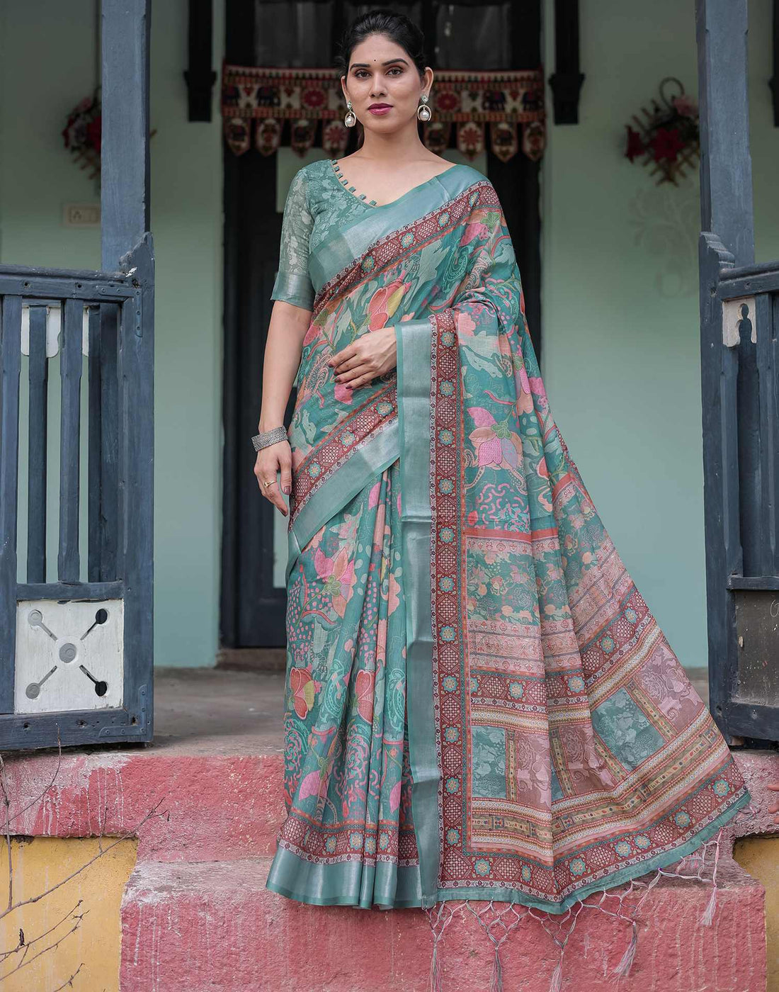 Dusty Dark Green Linen Printed Saree