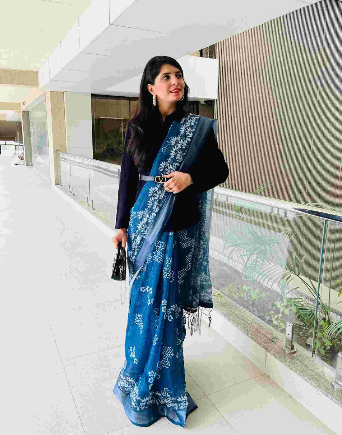 Dark Blue Linen Printed Saree
