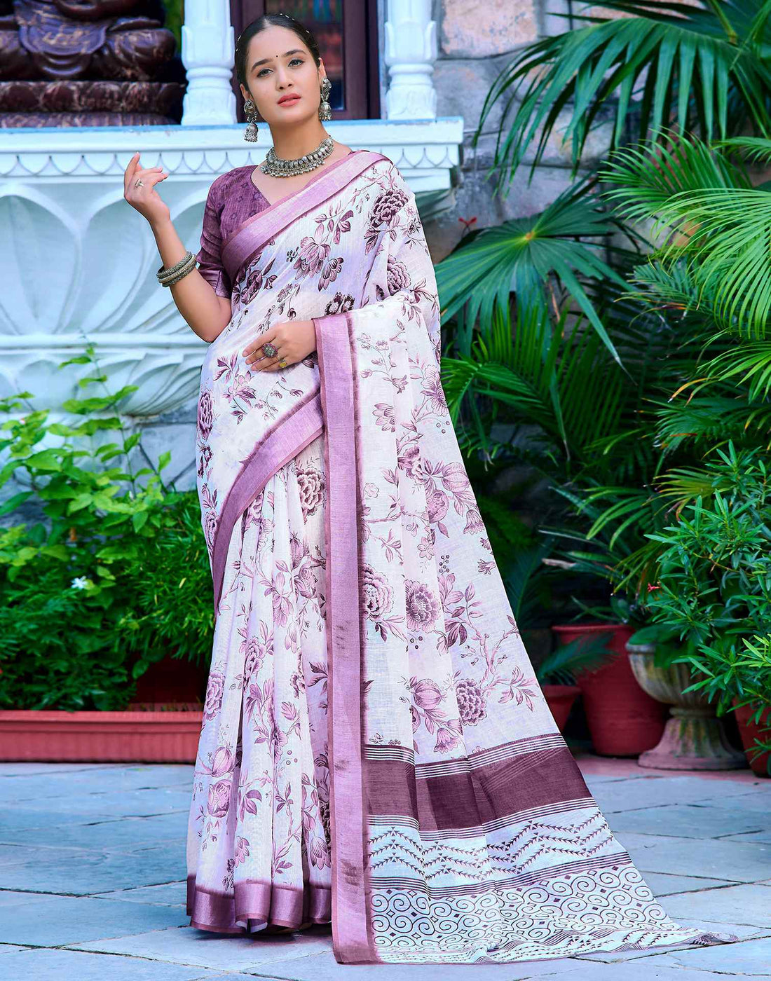 White Cotton Linen Printed Saree